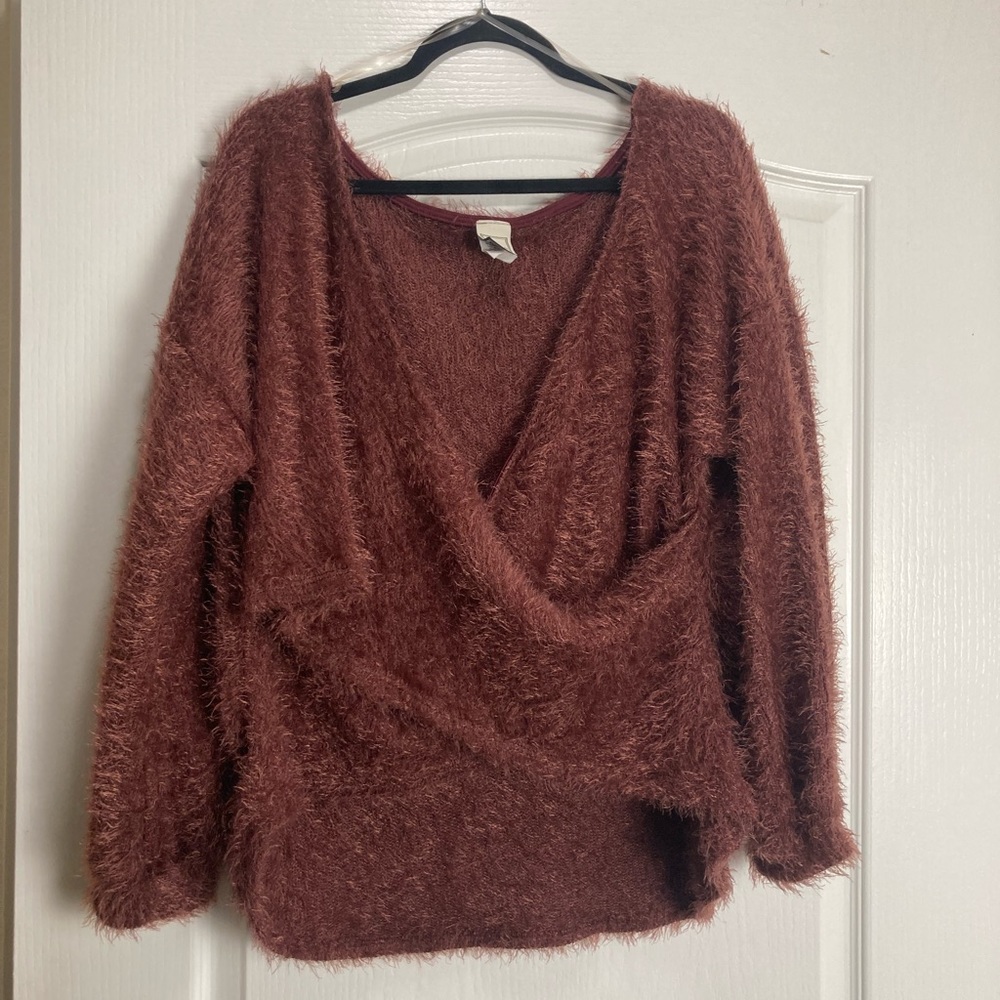 Lilian Faux Wrap eyelash knit sweater with Balloon sleeves,Size 3x,Brown